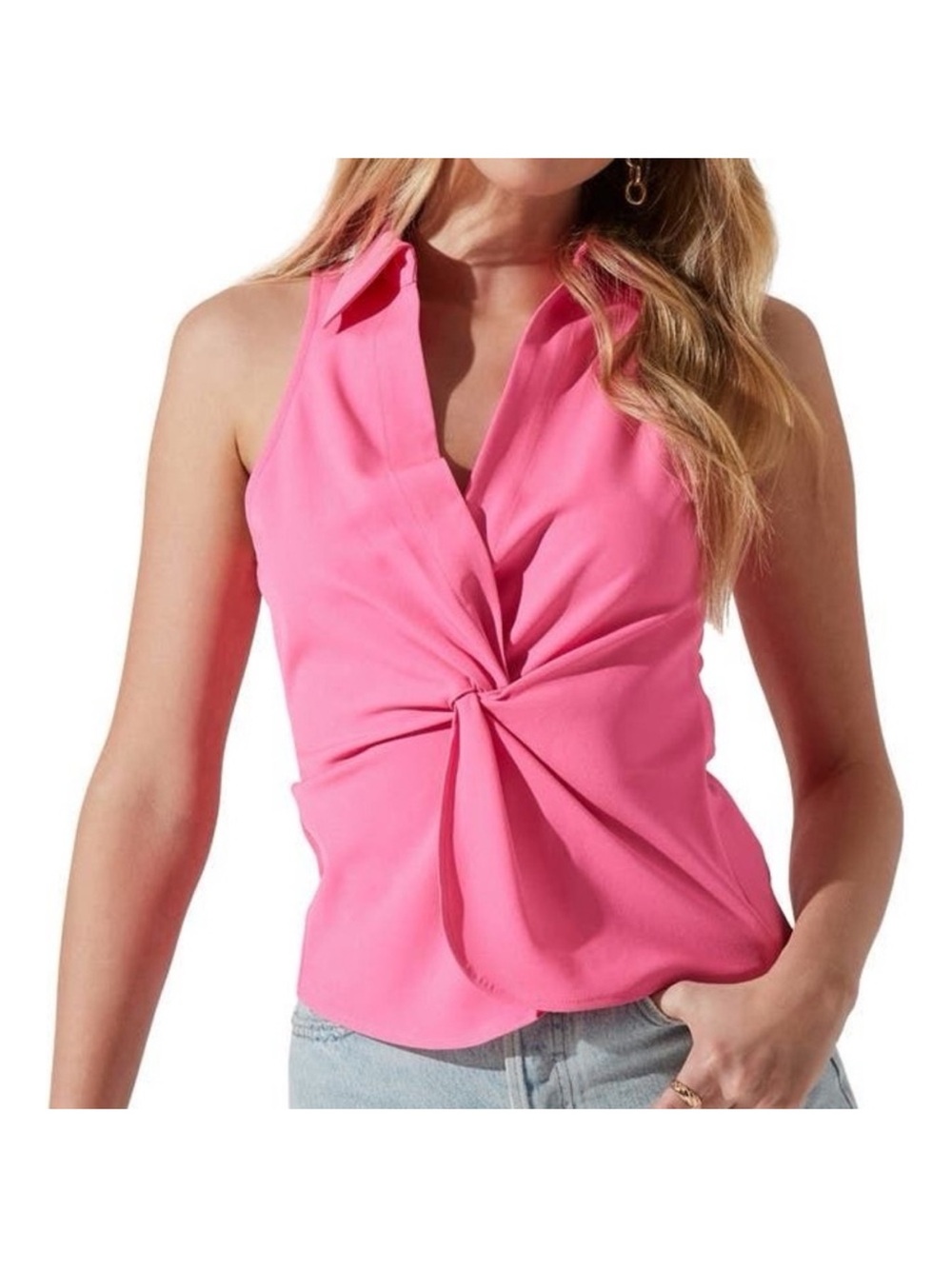 Astr Twist-Front Sleeveless V-Neck Top - Hot Pink